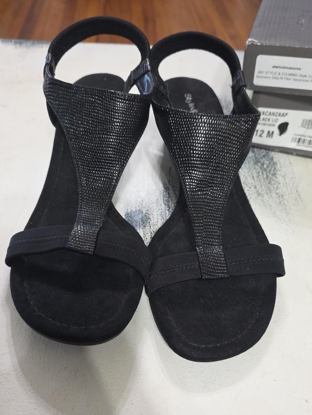 Style & Co Women's Sandals Black Low Wedge Lizard Design Sz 12M NIB FLOOR SAMPLE